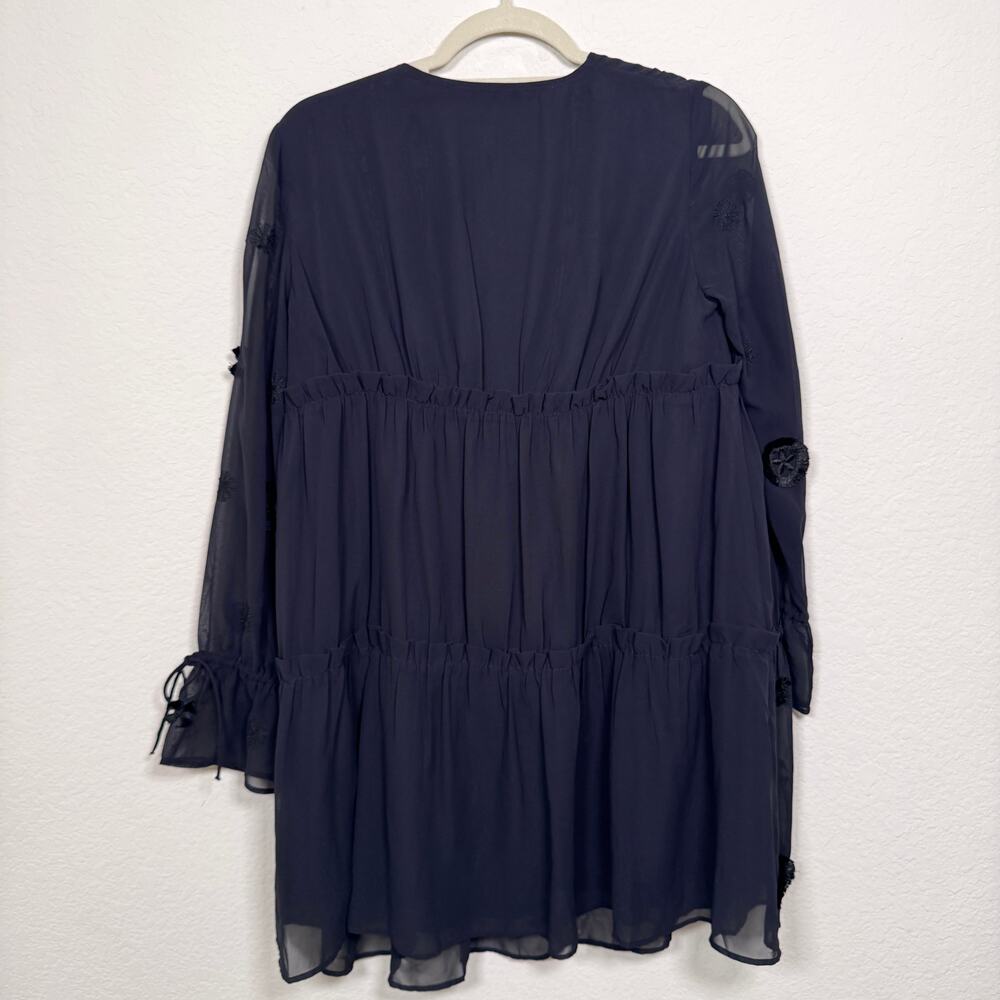 & Other Stories Women Embroidered Ruffle Mini Dress Size 6 Tiered Bow Flowy Blue - Picture 3 of 8